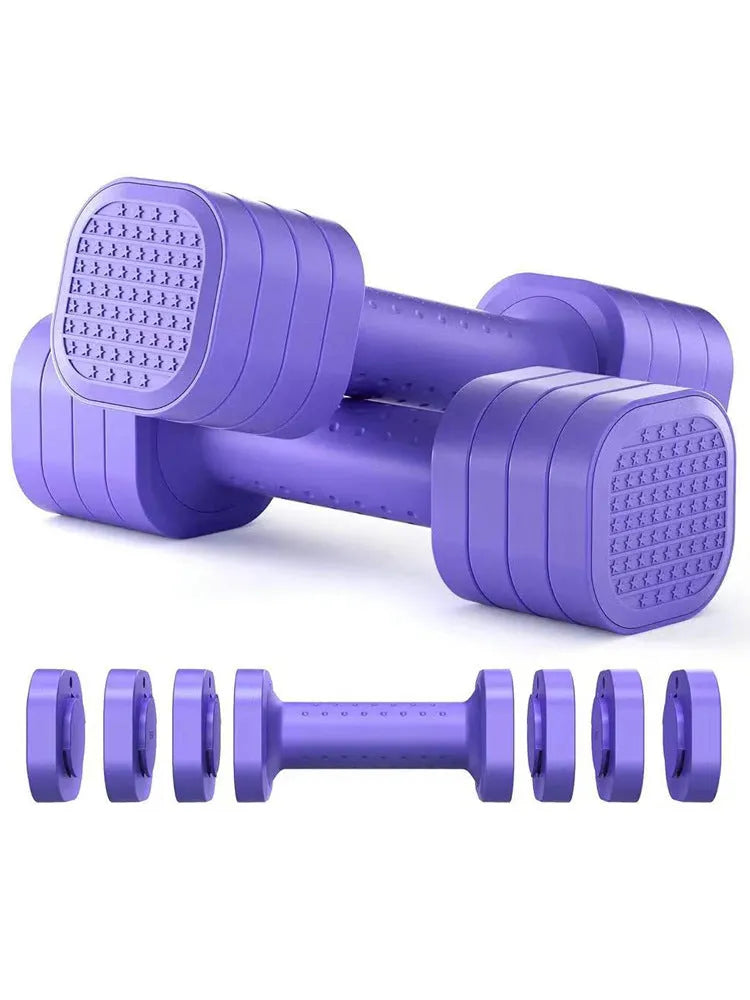 Women's detachable 5lb dumbbells in pink, blue, black, and purple colours for fitness training
