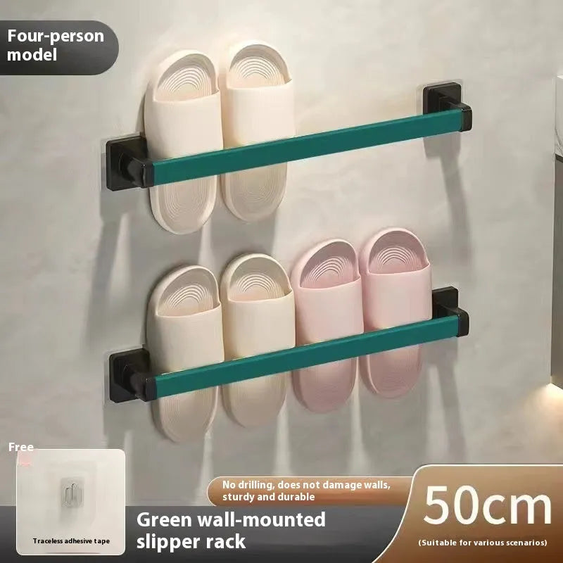 Nordic style wall-mounted bathroom slipper rack with integrated seat in black finish