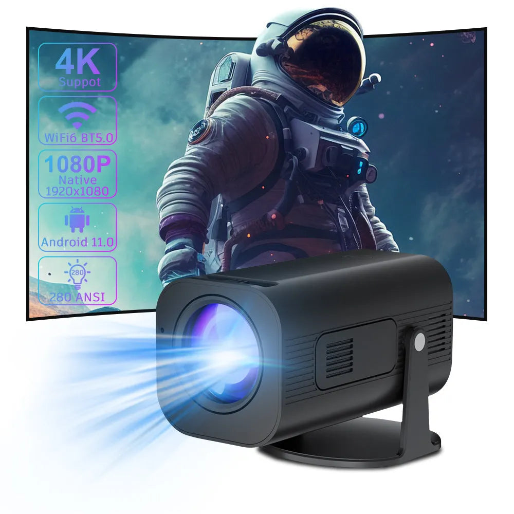 P330 black and white mini projector with remote control on table