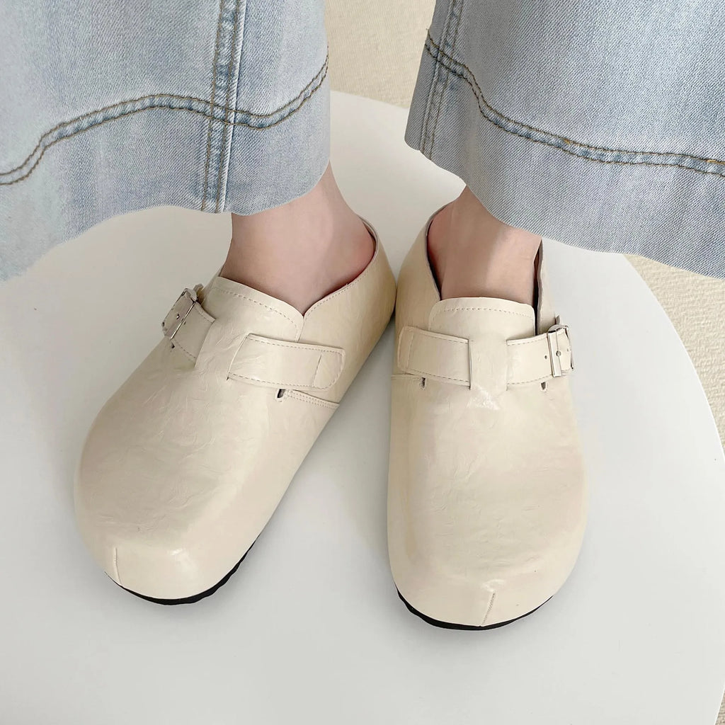 Flat buckle casual sneakers in beige, black, silver, or yellow with round toe and PU upper