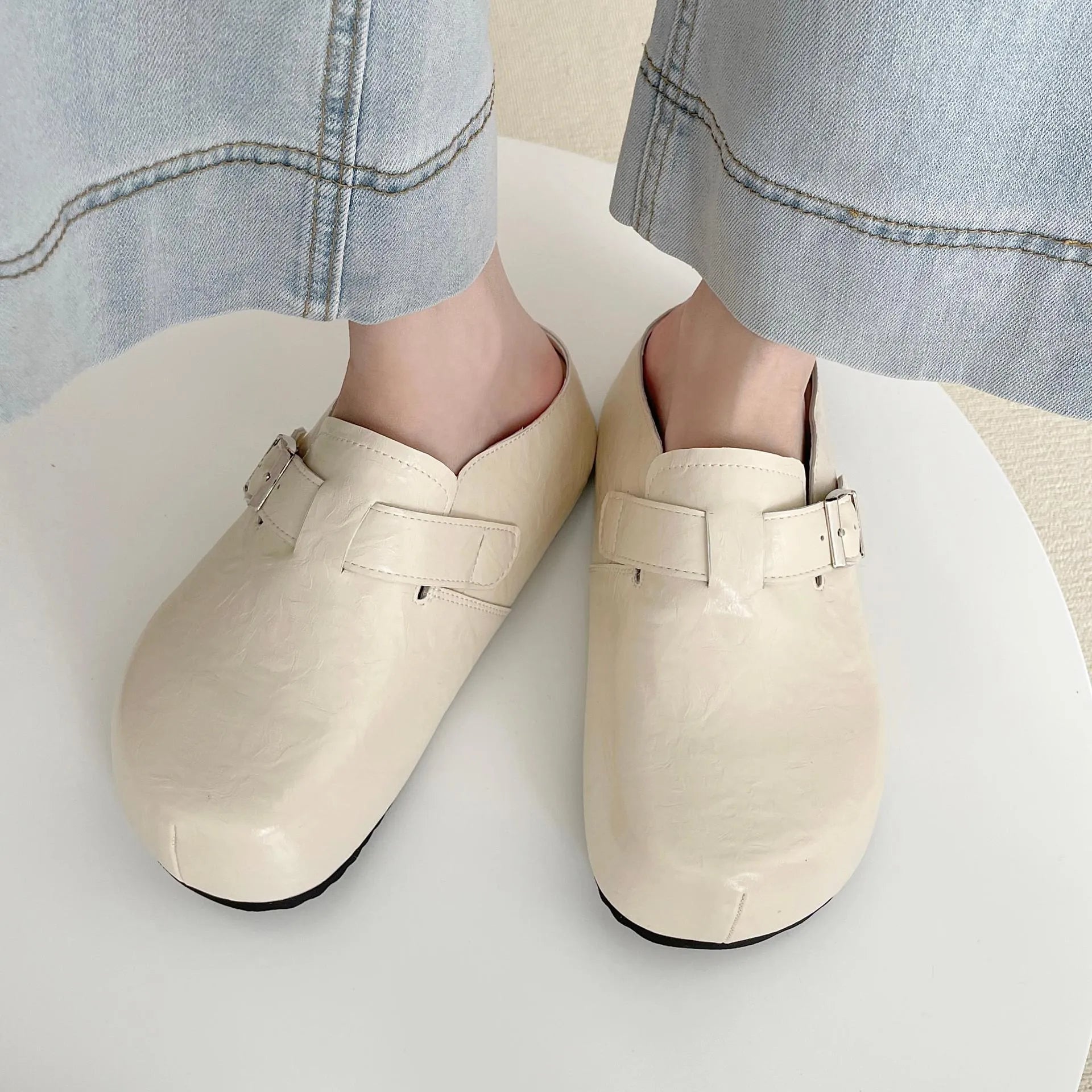 Flat buckle casual sneakers in beige, black, silver, or yellow with round toe and PU upper