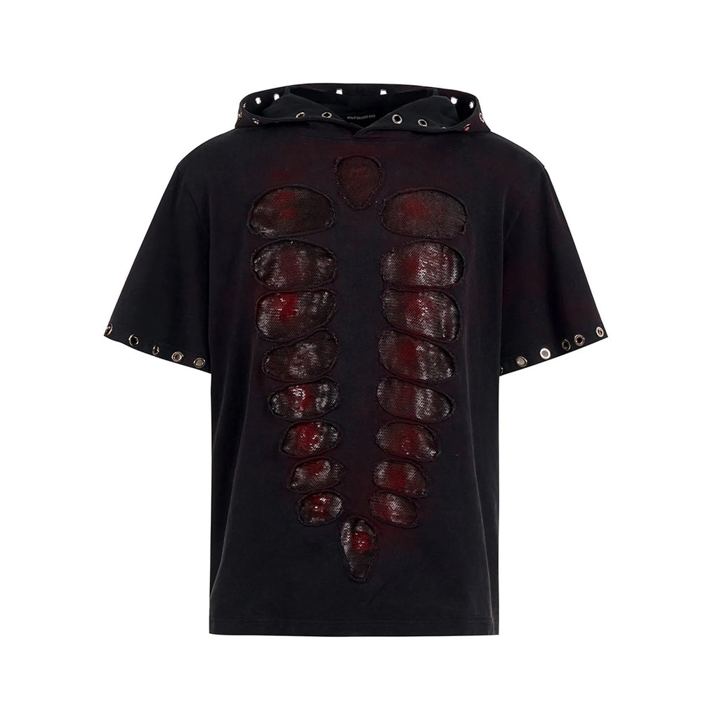 Men's black loose-fit short-sleeve T-shirt with a hood and sequin decoration