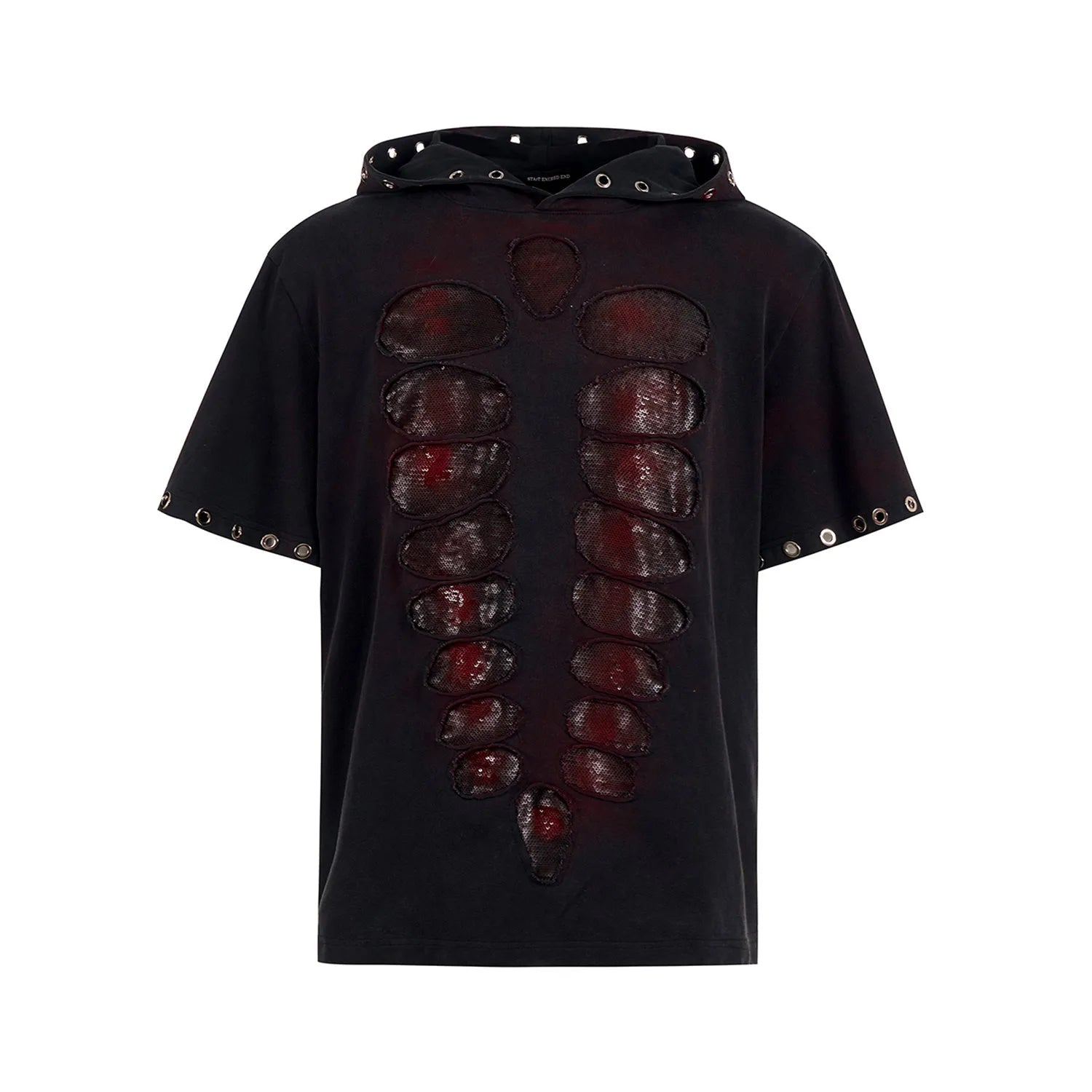 Men's black loose-fit short-sleeve T-shirt with a hood and sequin decoration