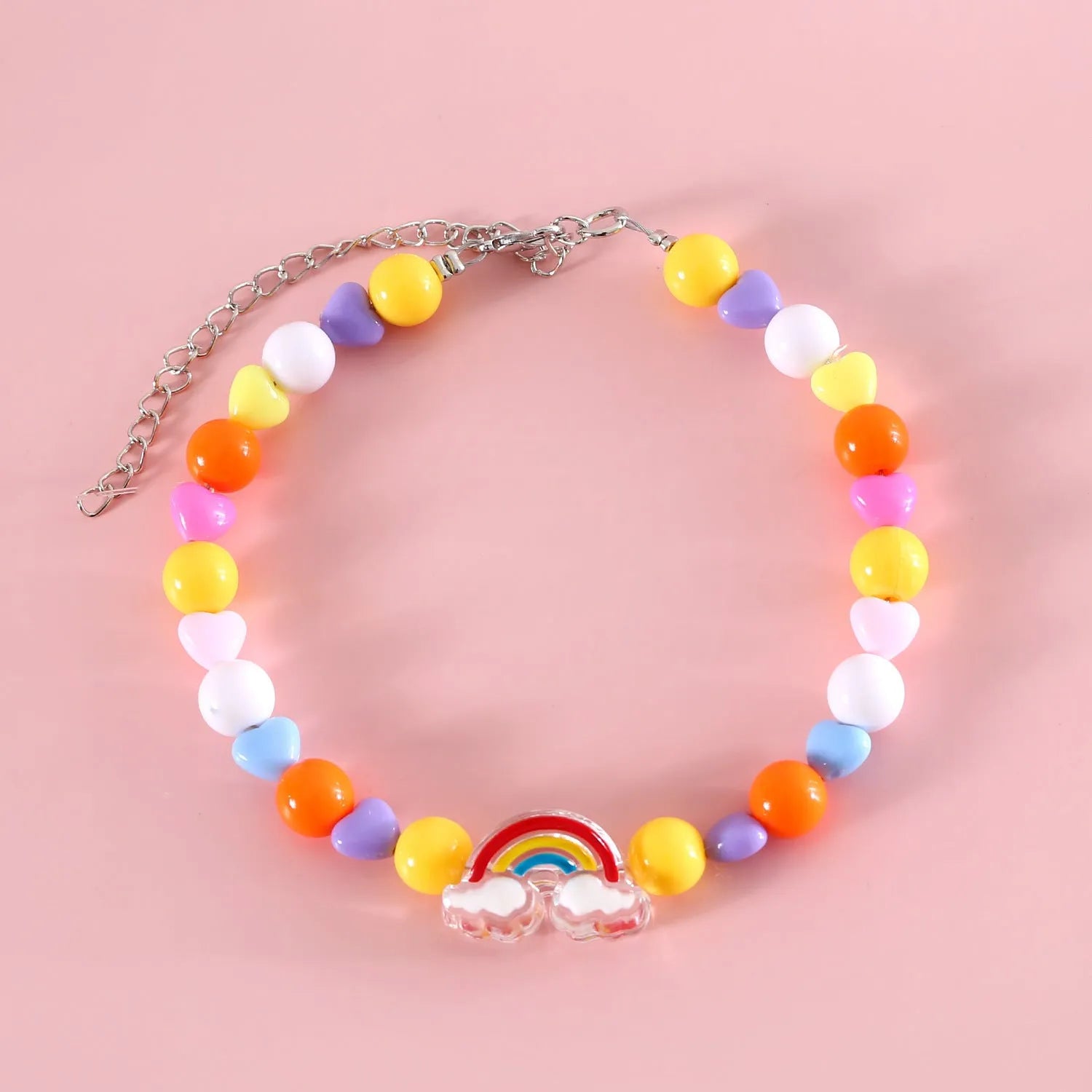 Colourful plastic bead cat necklace with adjustable sizing in peach, rainbow, and small flower patterns