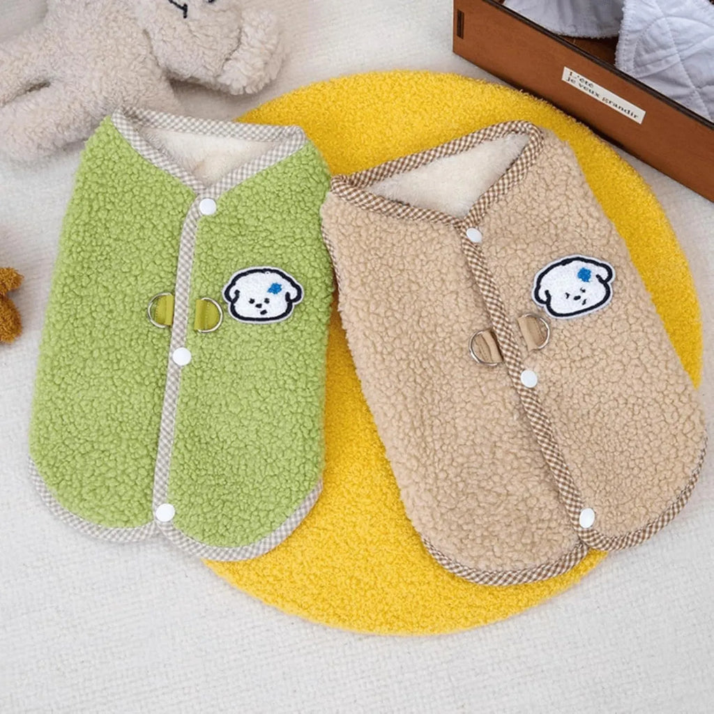 Green coral fleece dog sweatshirt vest with leash ring for small pets