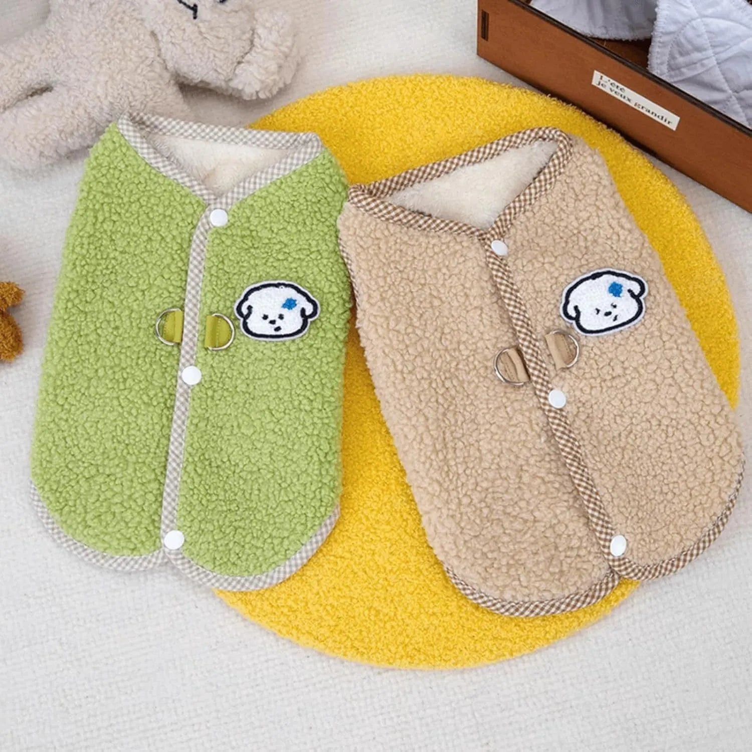 Green coral fleece dog sweatshirt vest with leash ring for small pets