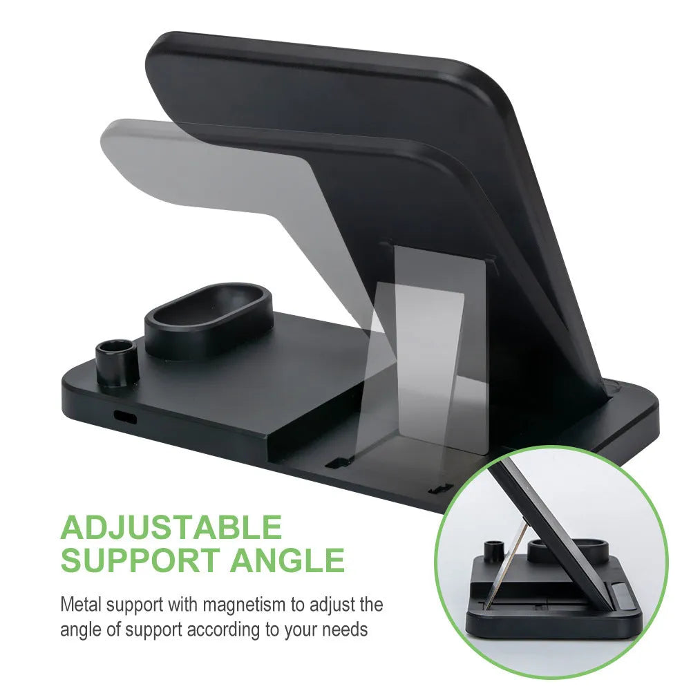 Folding 4-in-1 wireless charger showing iPhone, Apple Watch, AirPods and Apple Pencil charging simultaneously