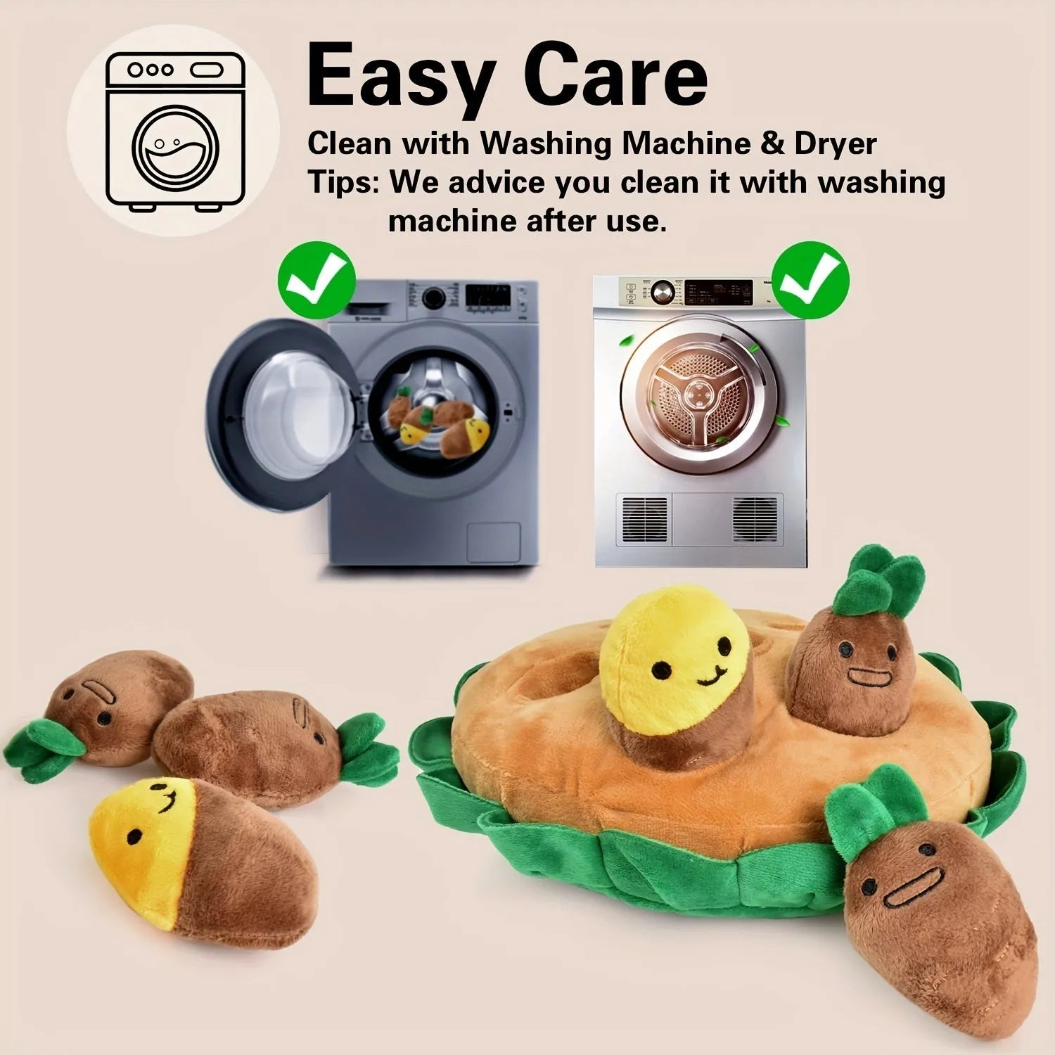 Yellow interactive dog puzzle sniffing pad with removable squeaky plush toys on a floor