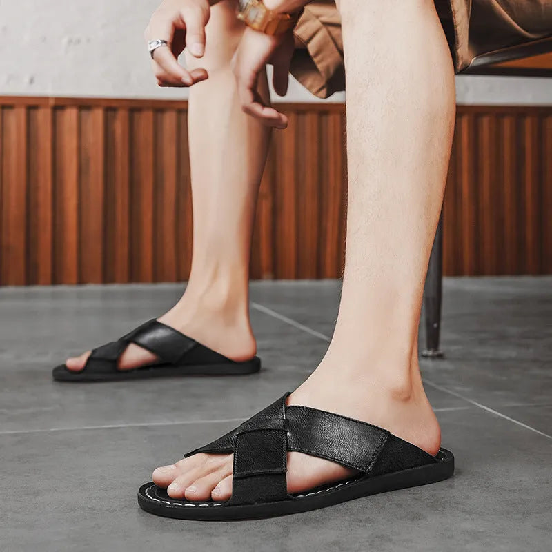 Men's black and brown pigskin leather sandals with frosted finish and sewn rubber soles