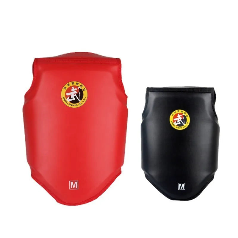 One-piece red boxing helmet and chest protector for training.