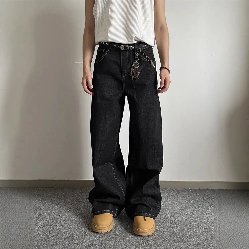 Retro black wide-leg jeans with straight-leg styling and zip fly opening