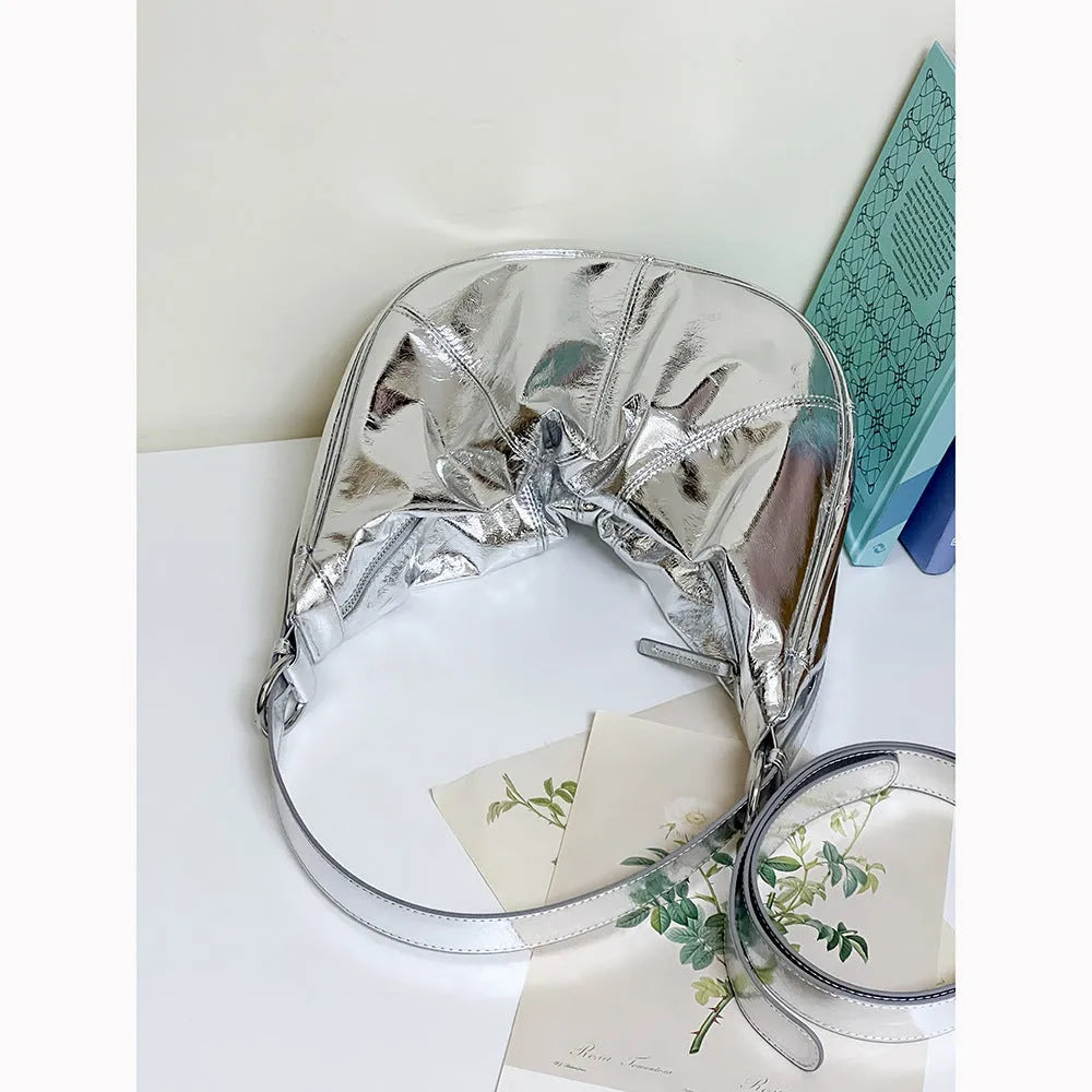 Women's soft first layer cowhide shoulder bag in dumpling shape with double straps and cotton lining