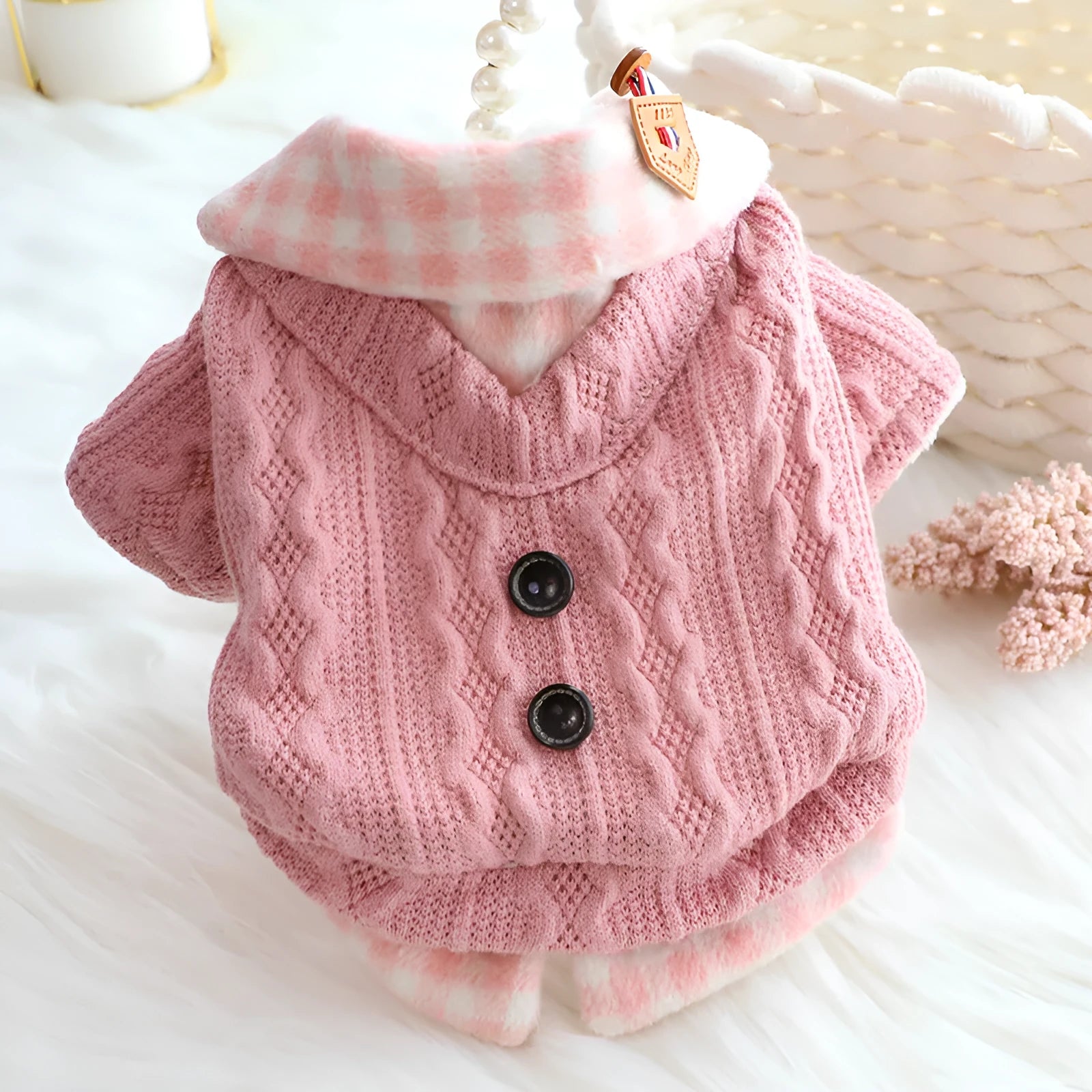 Blue plaid fleece-lined dog sweater jacket on a mannequin, size label visible