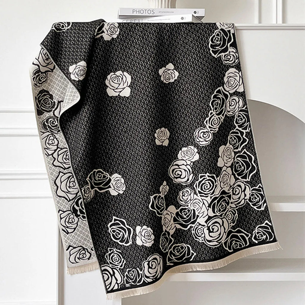 Imitation cashmere scarf with tassel trim in grey, black, blue, or khaki, shown at 185 cm long.