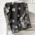 Imitation cashmere scarf with tassel trim in grey, black, blue, or khaki, shown at 185 cm long.