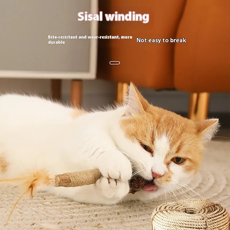 Large wooden cat chew toy with a 2.2cm diameter handle and a dangling teaser with catnip and feathers.