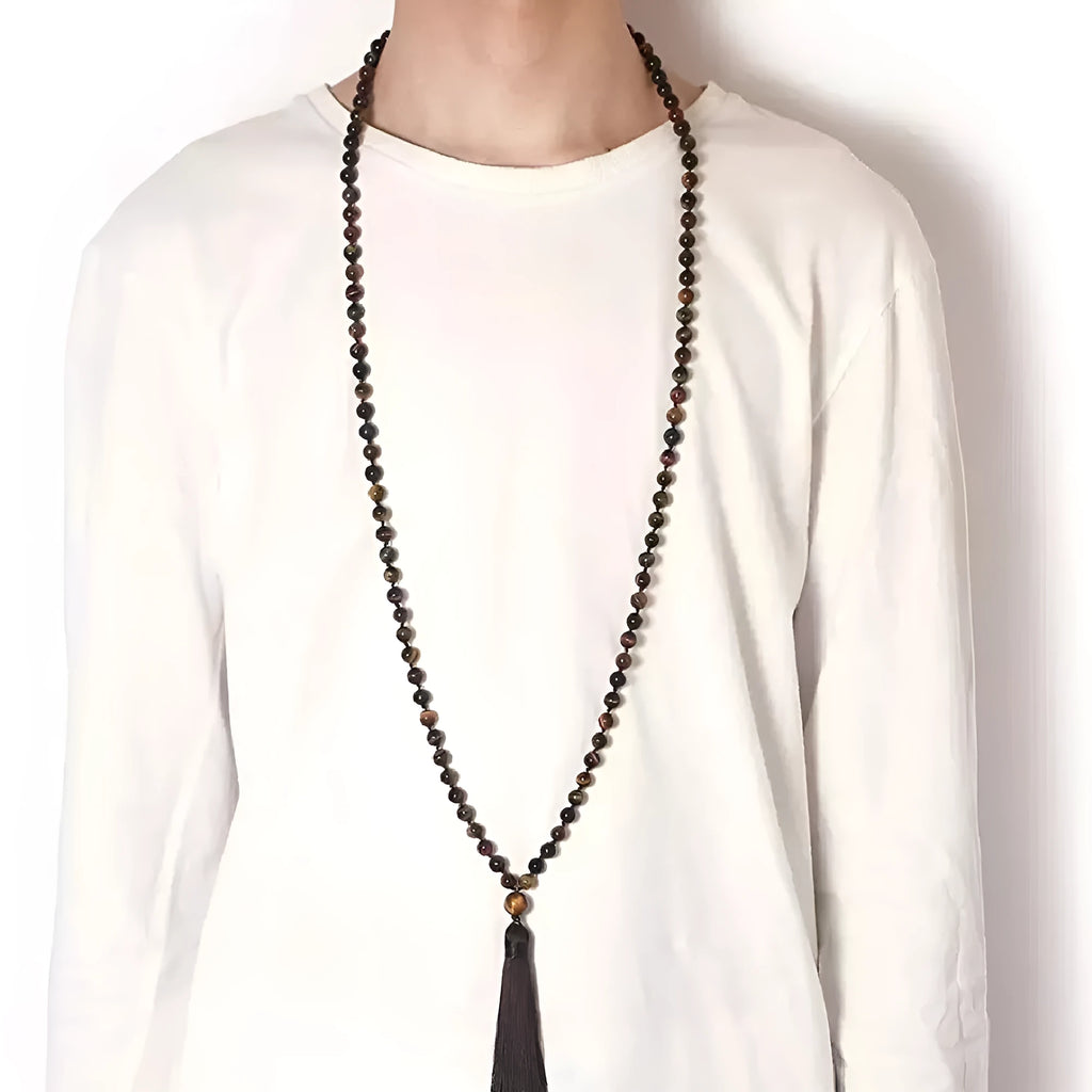 Geometric agate tassel necklace with colourful stone patterns and adjustable 95-100cm length
