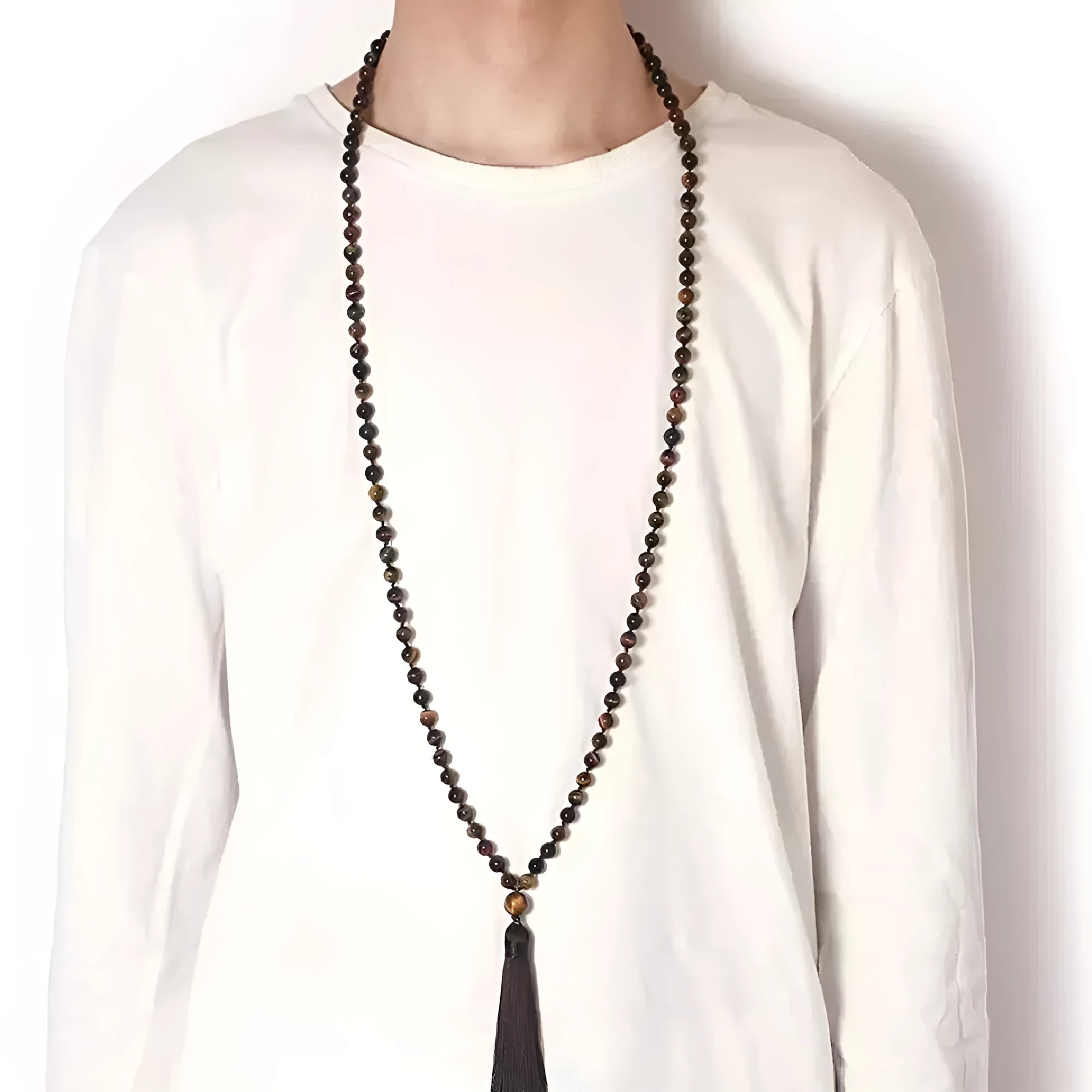 Geometric agate tassel necklace with colourful stone patterns and adjustable 95-100cm length