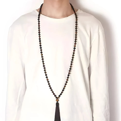 Geometric agate tassel necklace with colourful stone patterns and adjustable 95-100cm length
