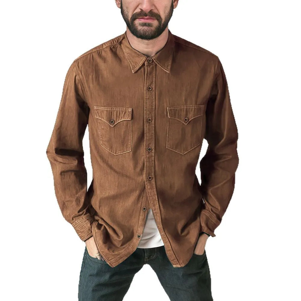 Men's regular fit denim cardigan coat in khaki, shown open over a white t-shirt.