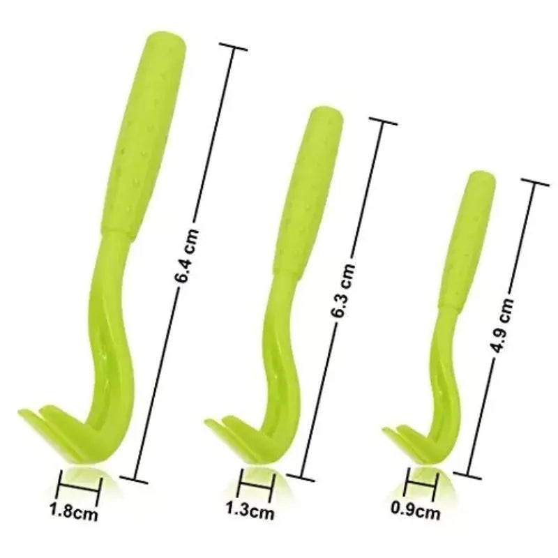 Set of three blue and green plastic pet tick removal clips on a white background.