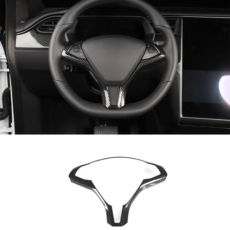 Tesla Model S steering wheel decorative frame in black ABS plastic with carbon fibre colour accents
