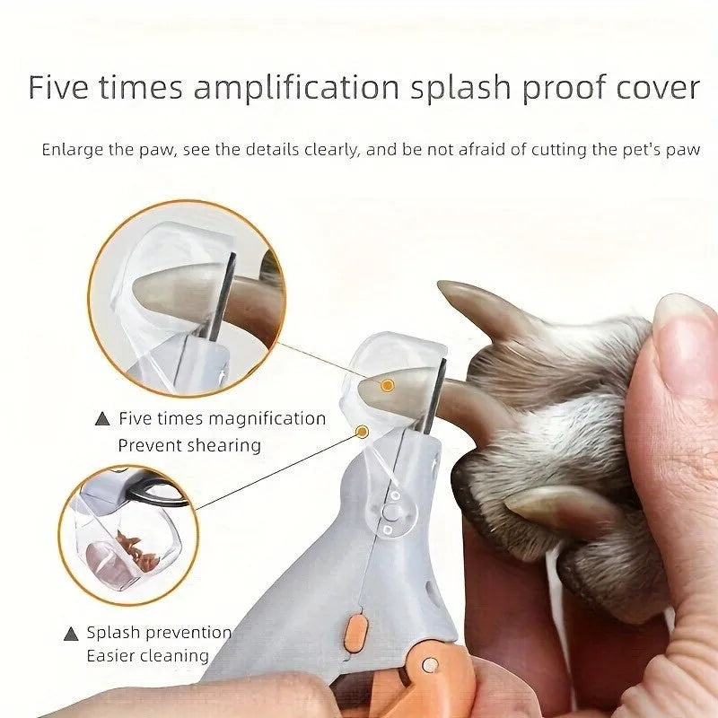 Yellow LED pet nail trimmer with magnifying glass and built-in nail catcher for dogs and cats