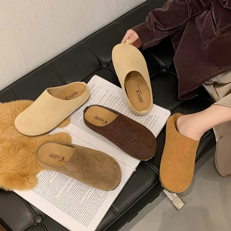 Korean style women's flat slip-on summer slippers in apricot colour with square toe and microfiber upper.