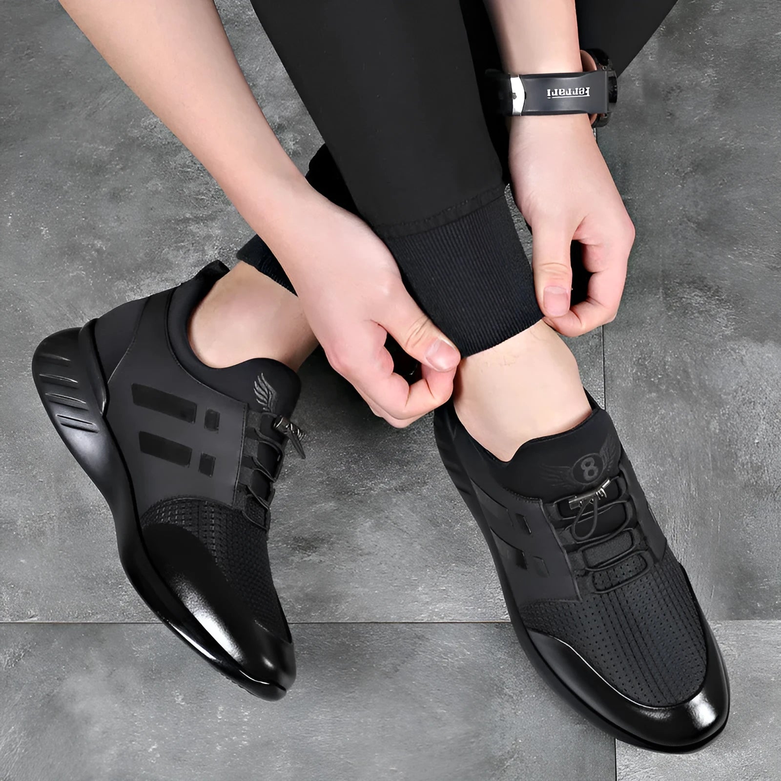 Men's black height increasing shoes with internal 3-5cm elevation, round toe and chunky heel design