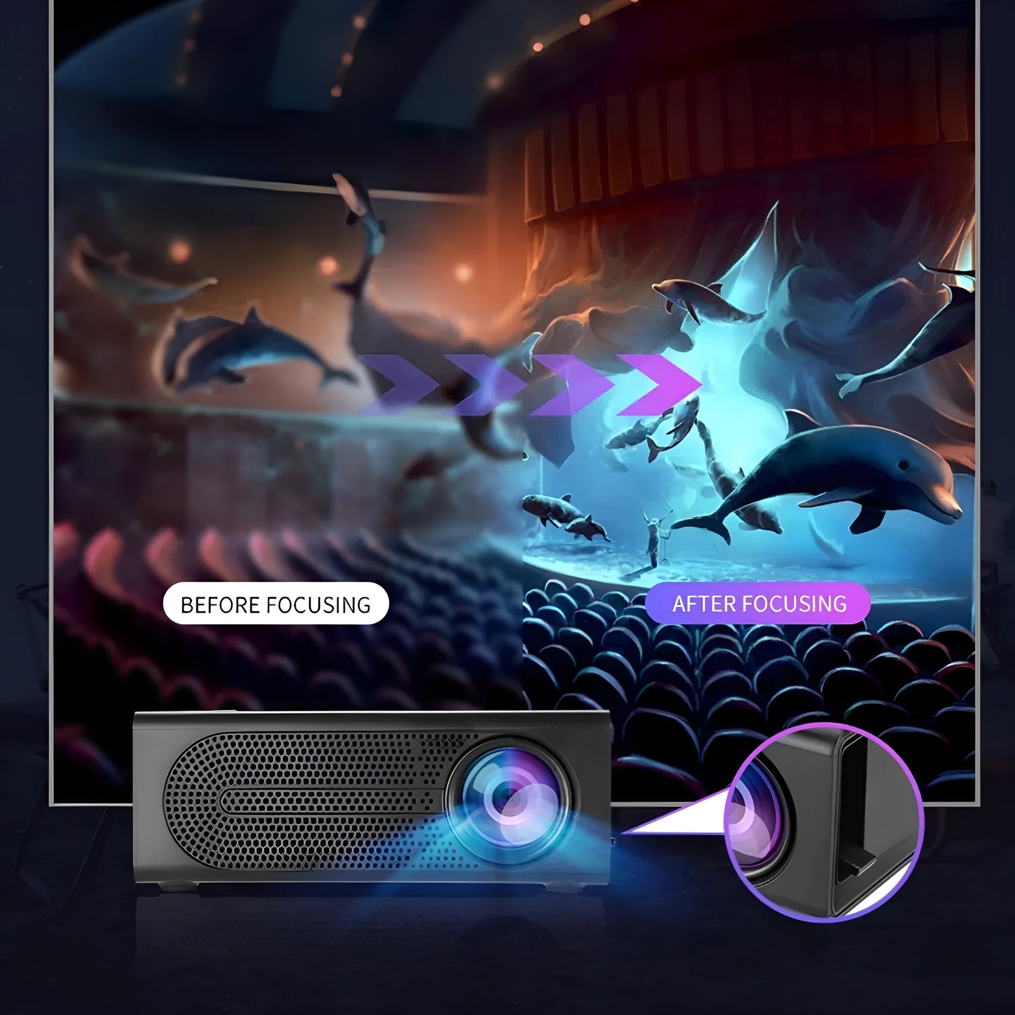 Black portable mini projector with wired mobile connection and power cable