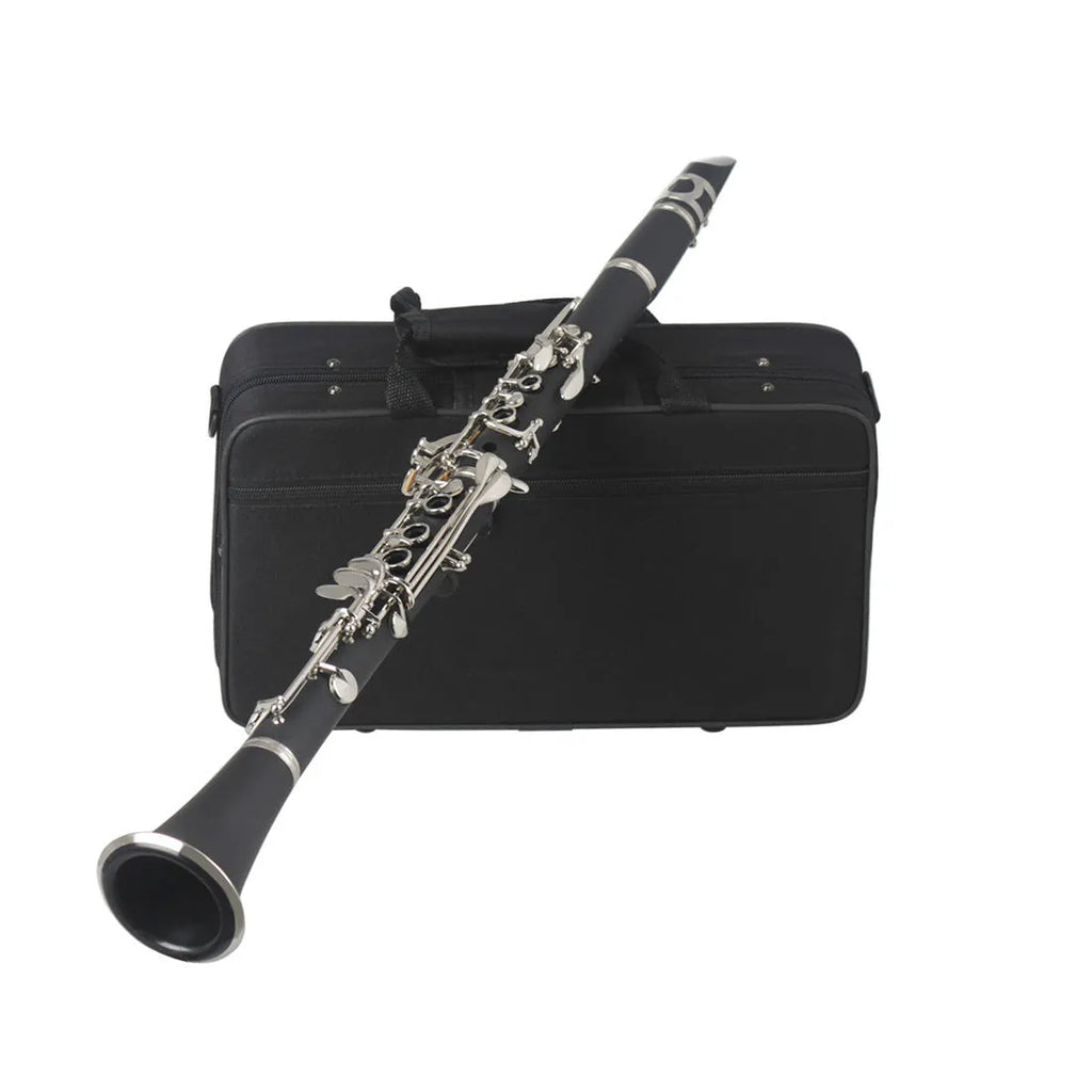 Black bakelite clarinet with 17 nickel-plated keys and carrying case for beginners