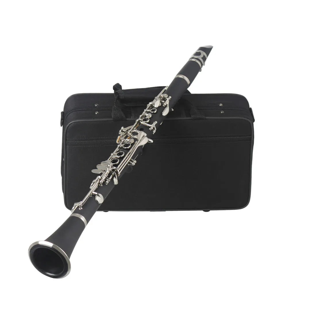 Black bakelite clarinet with 17 nickel-plated keys and carrying case for beginners