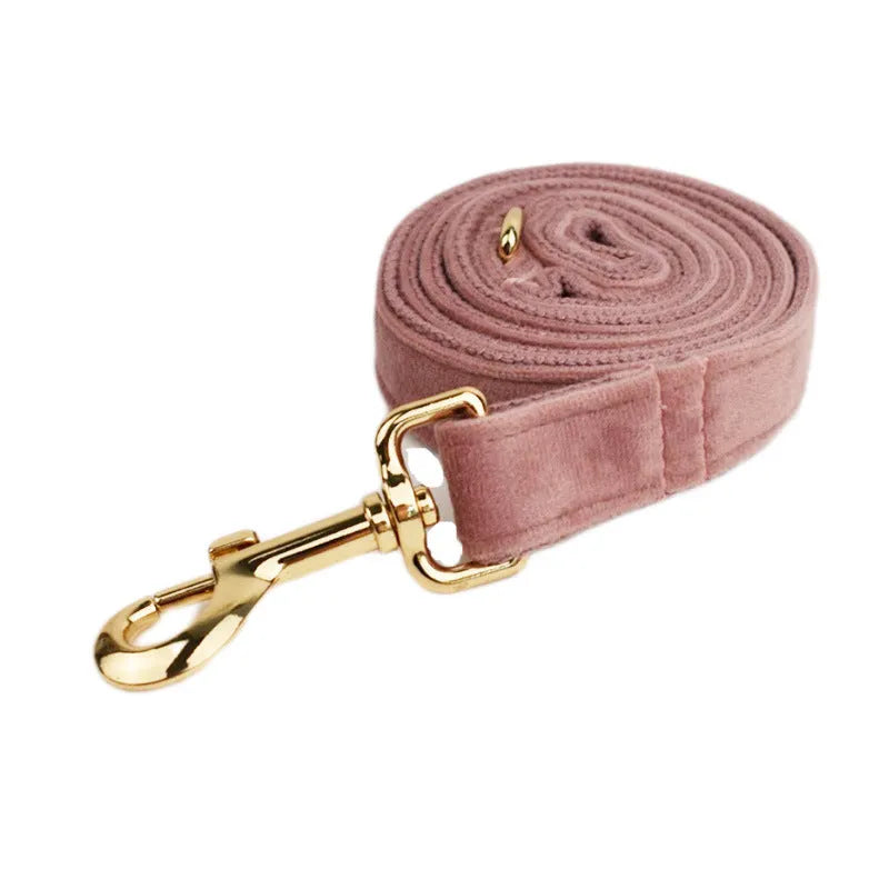 Light purple pink velvet dog collar with matching accessories including leash and vest