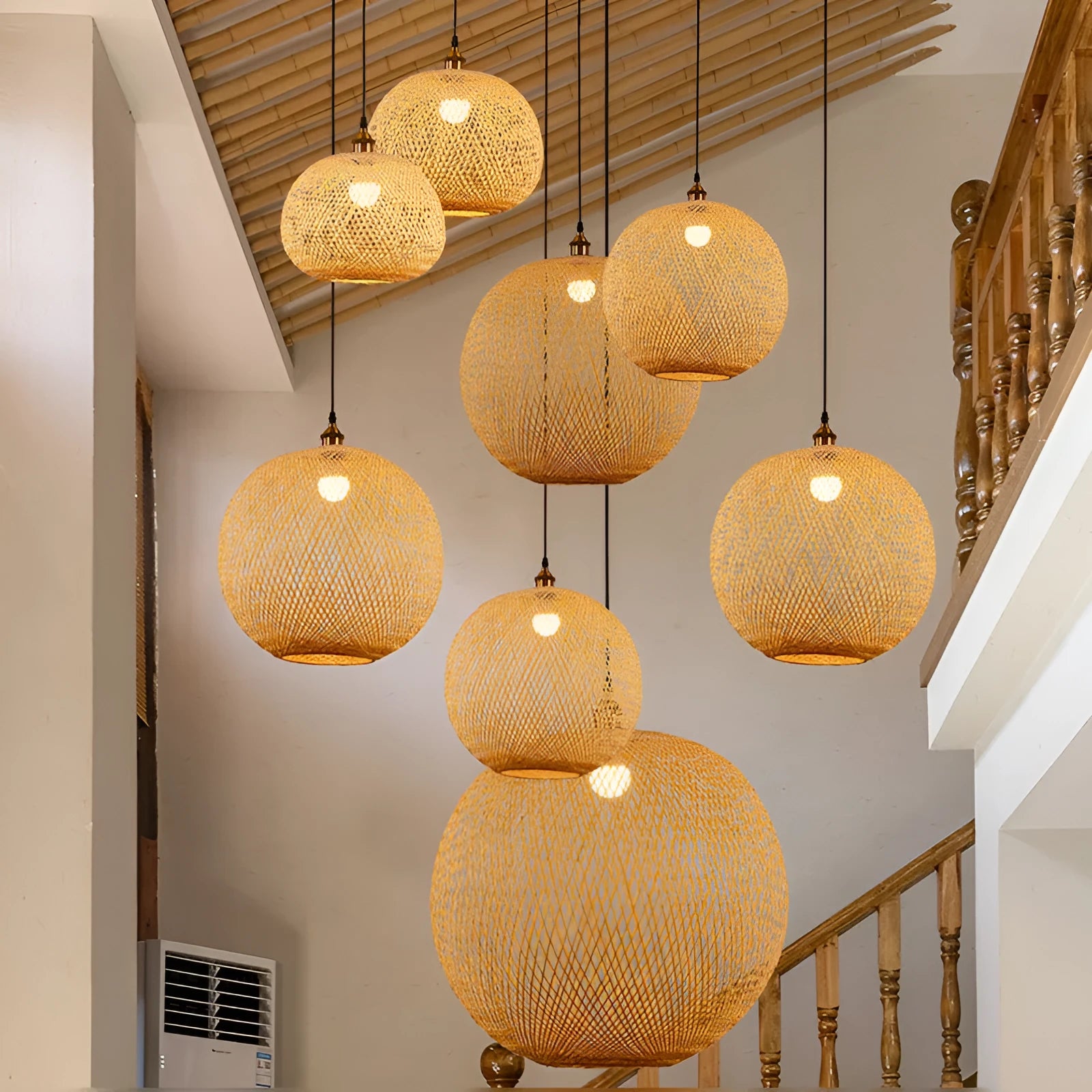 Pastoral style Zen tea room chandelier with multiple lamp holder diameter options on a white ceiling.