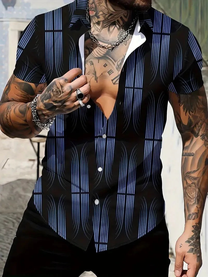 Men's slim fit geometric line print short sleeve polyester shirt shown on a model, available in multiple colours and sizes.