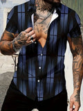 Men's slim fit geometric line print short sleeve polyester shirt shown on a model, available in multiple colours and sizes.