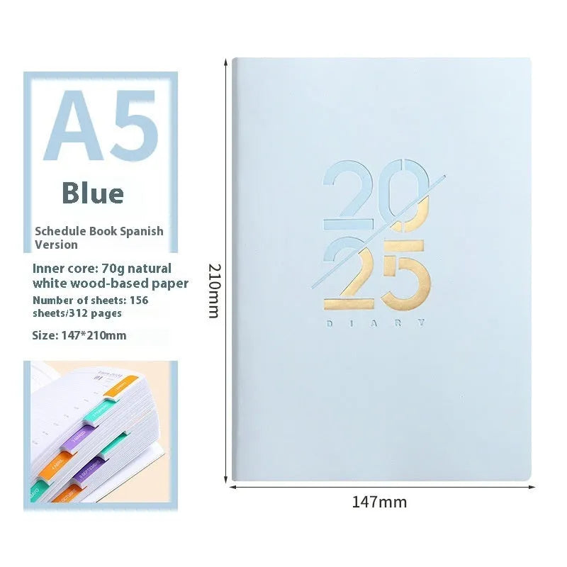 A5 2025 daily planner schedule book with faux leather cover shown in blue colour option