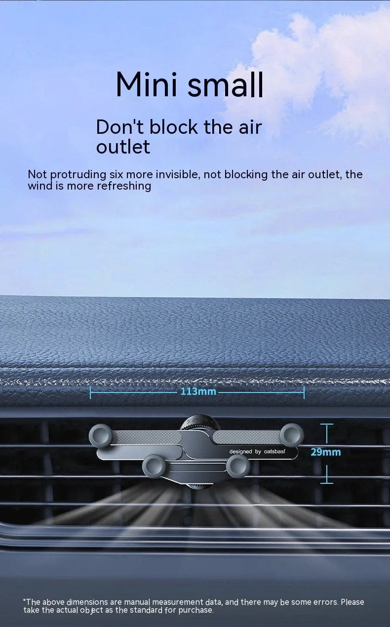 Car mobile phone holder with invisible alloy bracket for air vent or adhesive mounting in black, silver, or grey