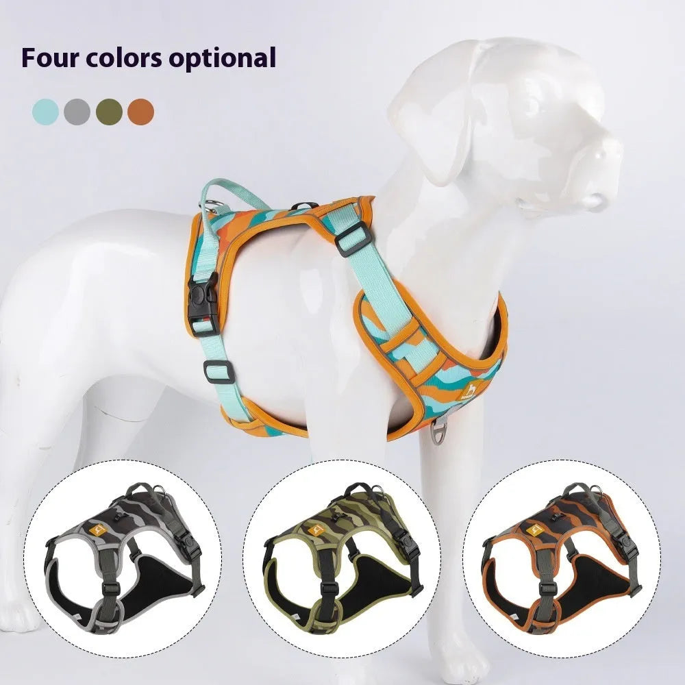 Reflective orange dog chest and back harness lead with hand-holding rope on Oxford cloth material.