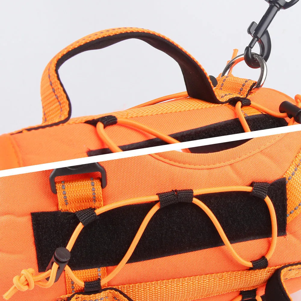 Orange PU dog harness with reflective trim and matching lead with black handle grip.