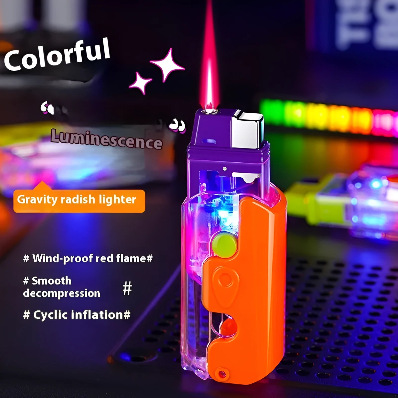 Colourful luminous radish lighter in orange purple green options with wind resistance