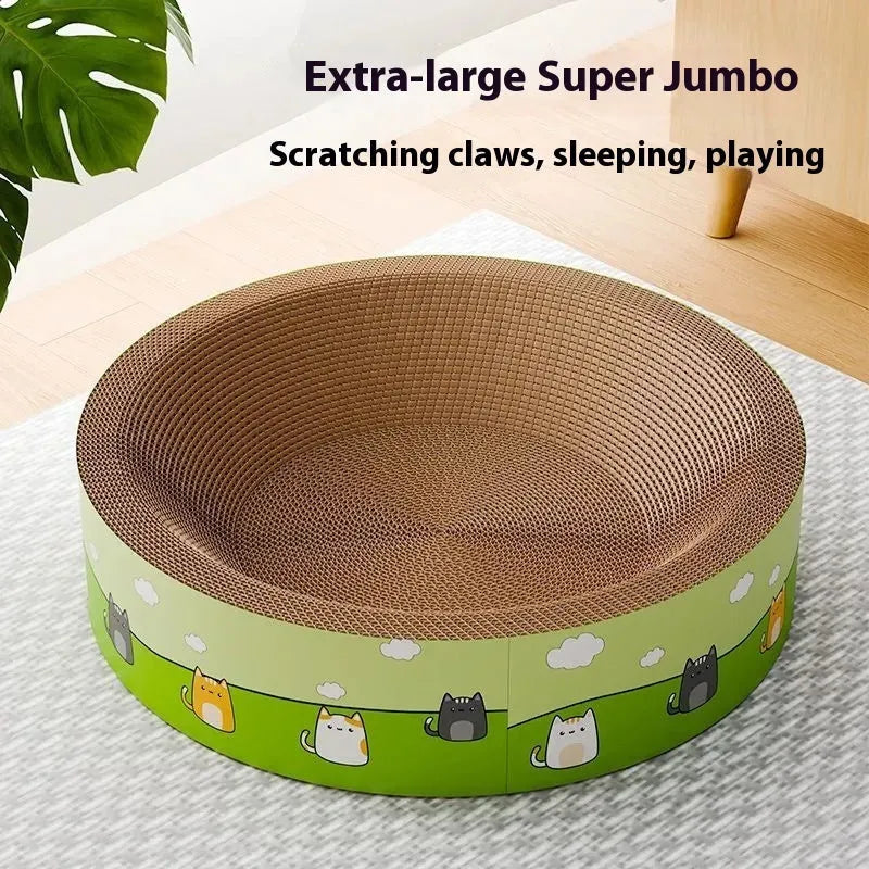 Large round cat scratch board with deep grooves, shown in 45cm and 50cm sizes.