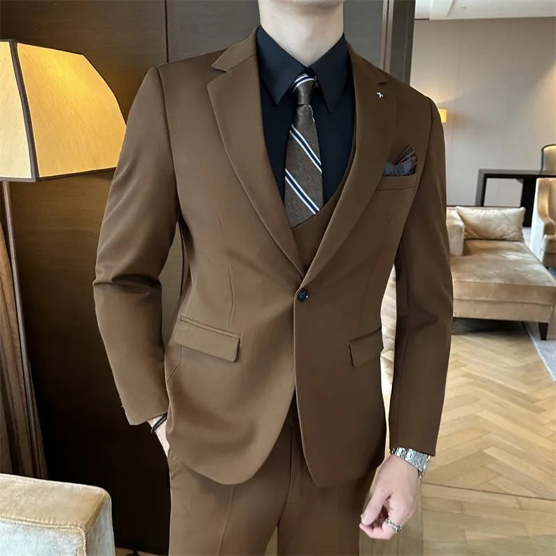 Man wearing a dark green slim fit business suit trousers, viscose blend fabric.