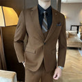 Man wearing a dark green slim fit business suit trousers, viscose blend fabric.