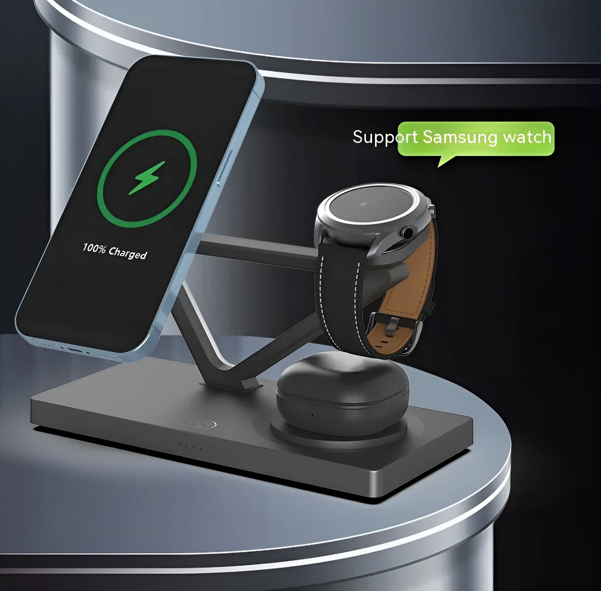 White five-in-one wireless charging station with magnetic phone bracket, circular charger, watch pad, and night lamp on desk.