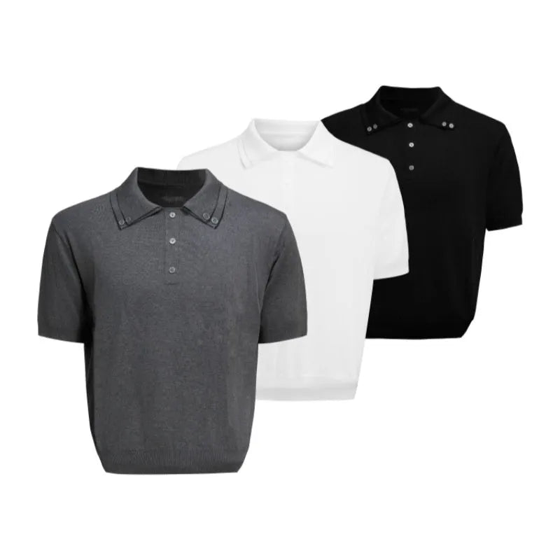 Man wearing a grey slim-fit short sleeve knit shirt with a double lapel collar design.