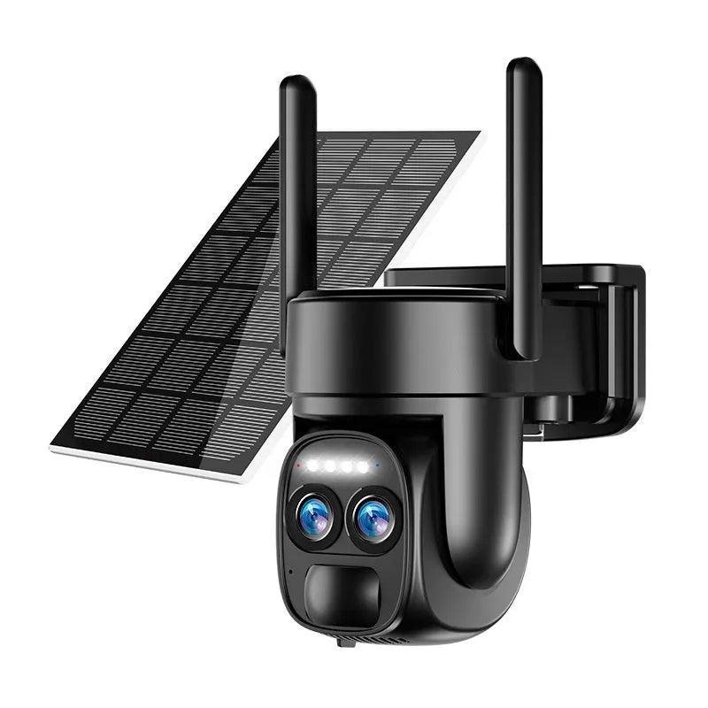 Solar powered outdoor security camera with 8x zoom lens and weather-resistant housing for continuous surveillance