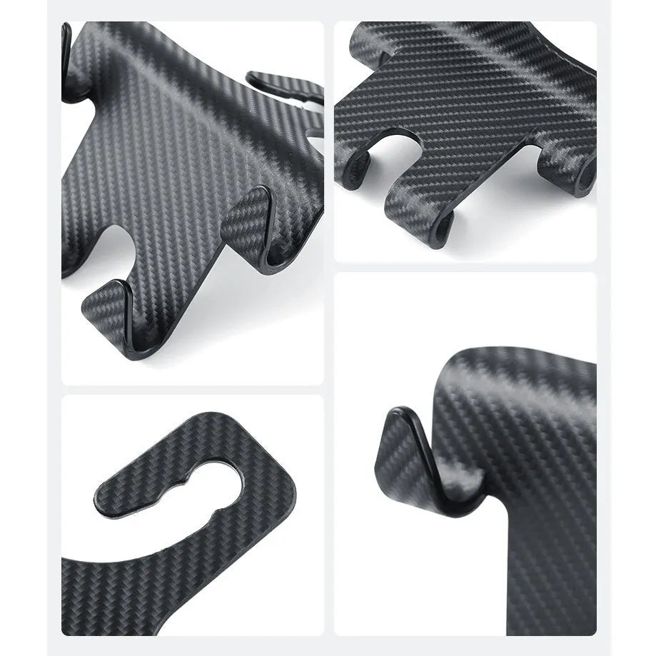 Black ABS plastic car hook with integrated mobile phone holder bracket for rear seat back.