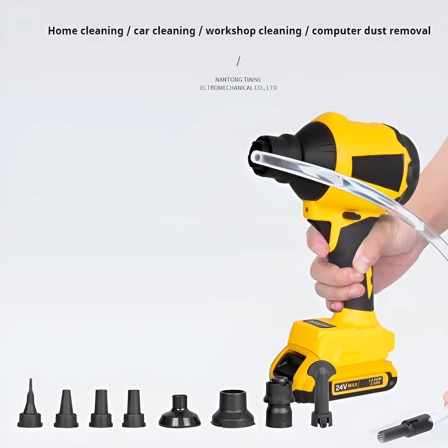Yellow handheld lithium battery dust gun with 680W power rating for cordless cleaning and inflation