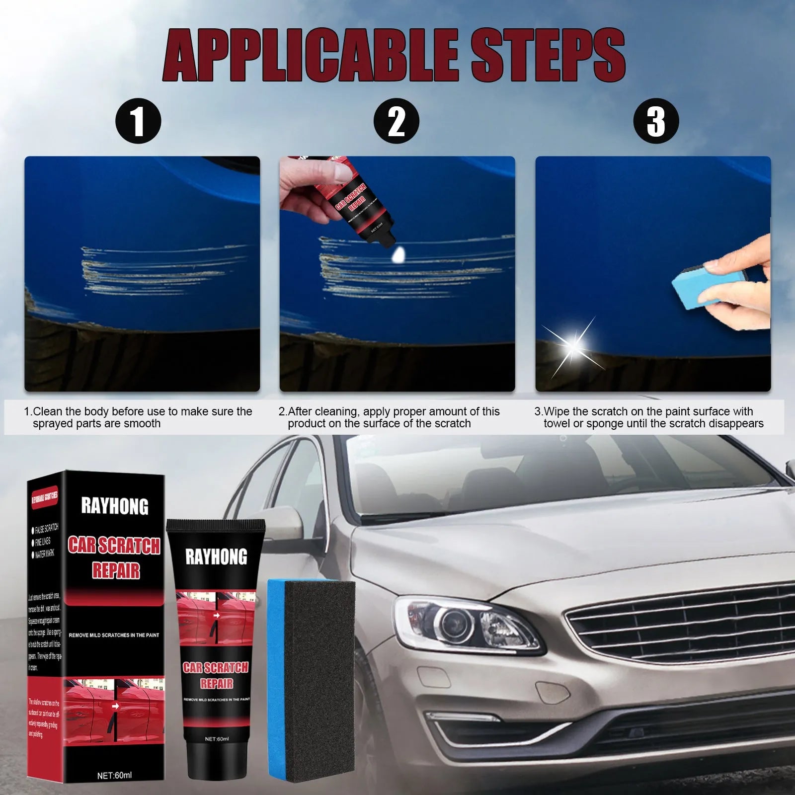 60ml car scratch repair wax set with applicator sponge for paint surface maintenance